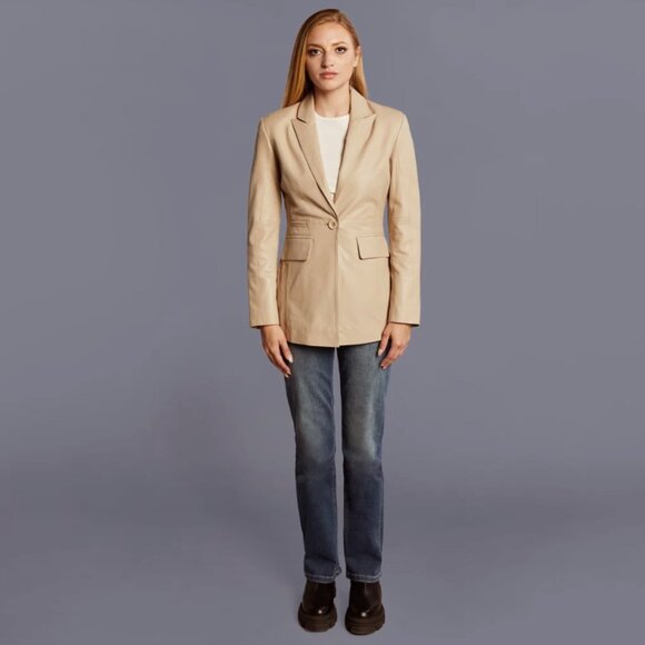 NWT Bod & Chritensen AURIANA Single Breasted Leather Blazer L Sand‎ - Picture 2 of 15